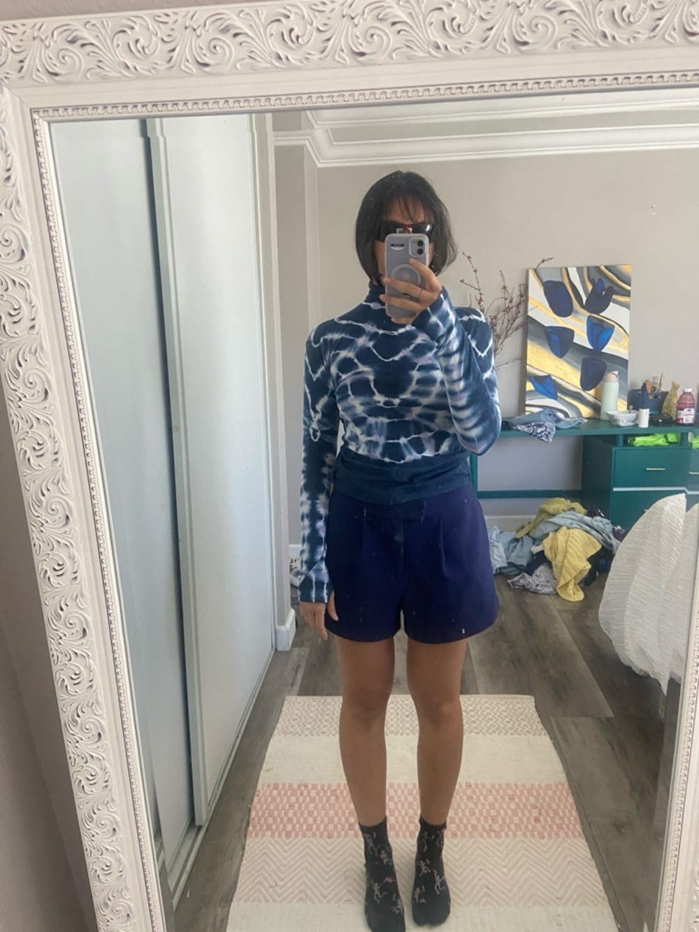 Free People Navy and White Tie-Dye Long Sleeve thumbhole Tee